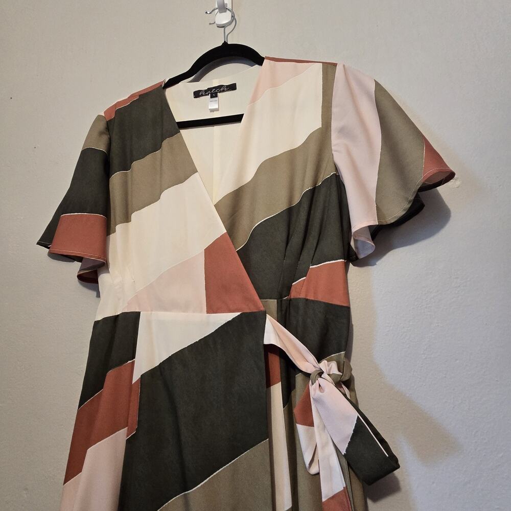Hutch Anthropologie Abstract Wrap Maxi Dress Womens LG Green Geometric Flowy - Picture 3 of 16